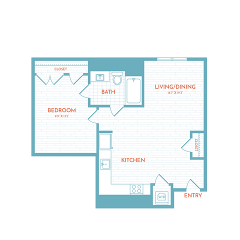 Floor plan for 1 bed, 1 bath, 658 sqft